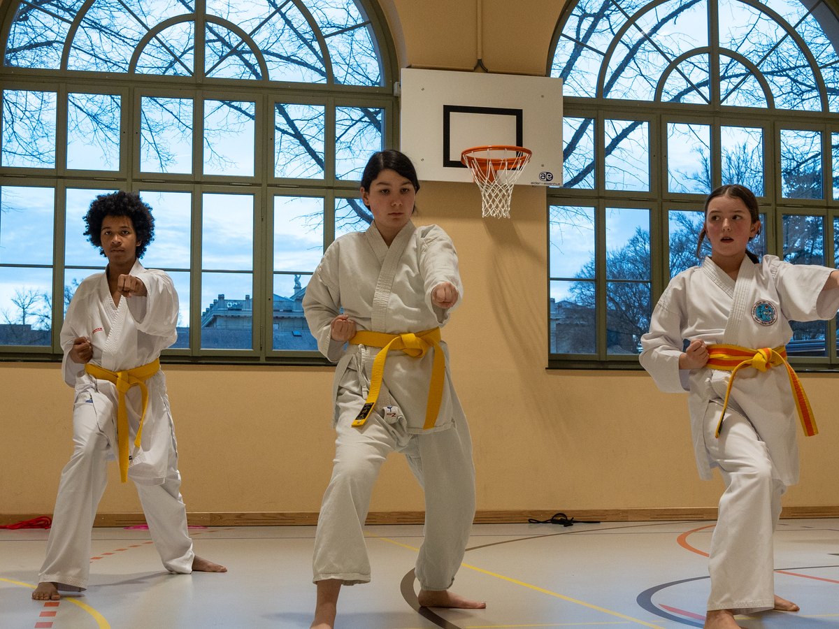 Kinder beim gemeinsamen Gyaku-Zuki im Dojo